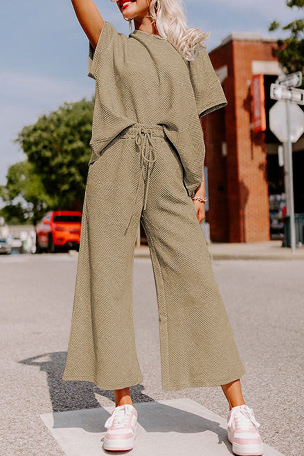 Pale Khaki Textured Loose Fit T Shirt and Drawstring Pants Set