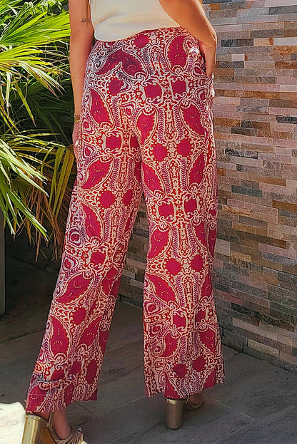 Paisley Printed Buttoned High Waist Straight Leg Pants | Red