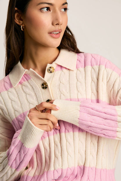 Cable Knit Collared Henley Sweater | Pink Stripe