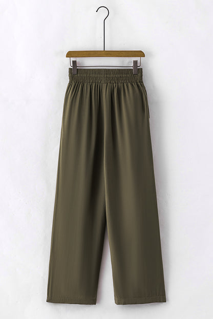 Brown Drawstring Elastic Waist Casual Wide Leg Pants | Green