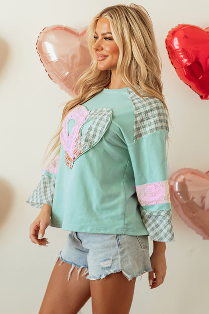 Plaid Floral Peace Heart Graphic Wide Long Sleeve Top | Clearly Aqua