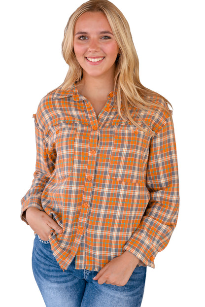 Plaid Embroidery Patch Button-Down Shacket | Orange