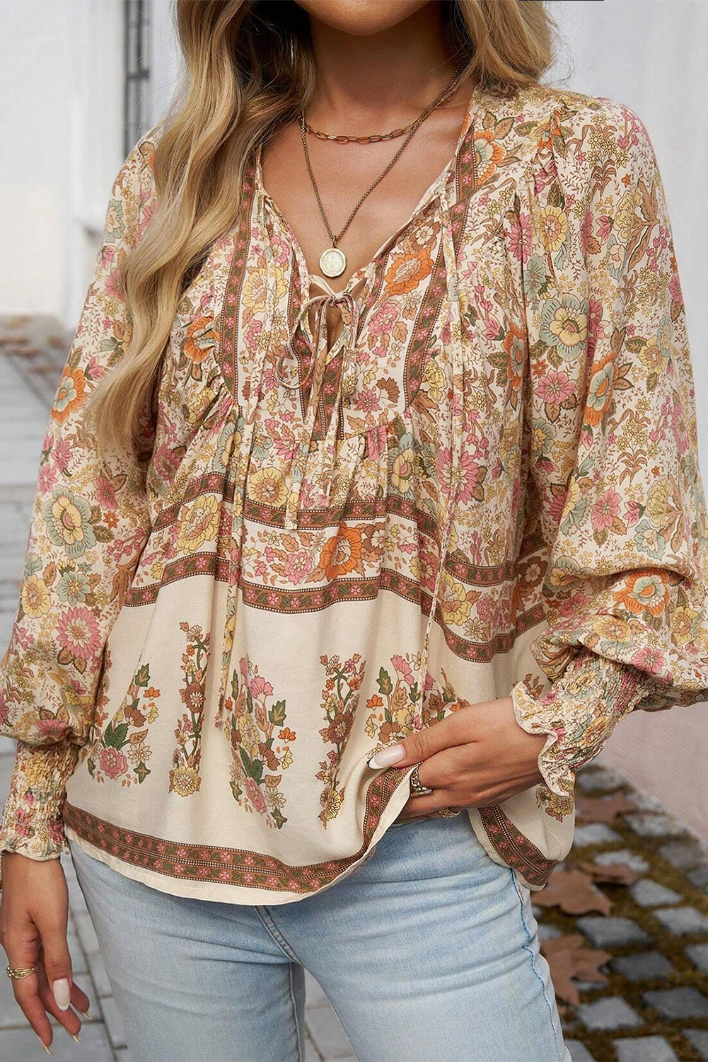 Floral Print Tie Neck Lantern Sleeve Blouse | Yellow