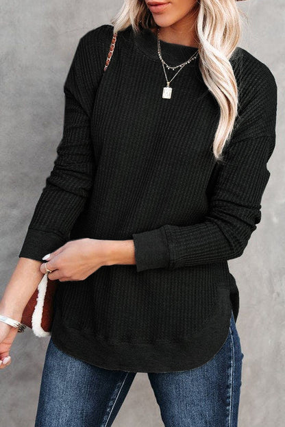 Crew Neck Ribbed Trim Waffle Knit Top | Black