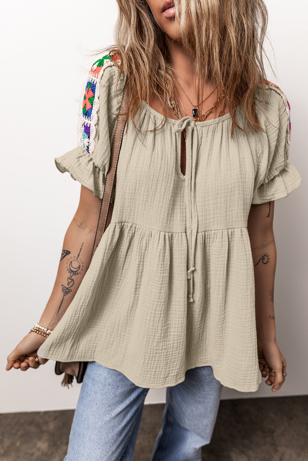 Crinkle Embroidered Patched Bubble Sleeve Tied Neck Blouse | Smoke Gray