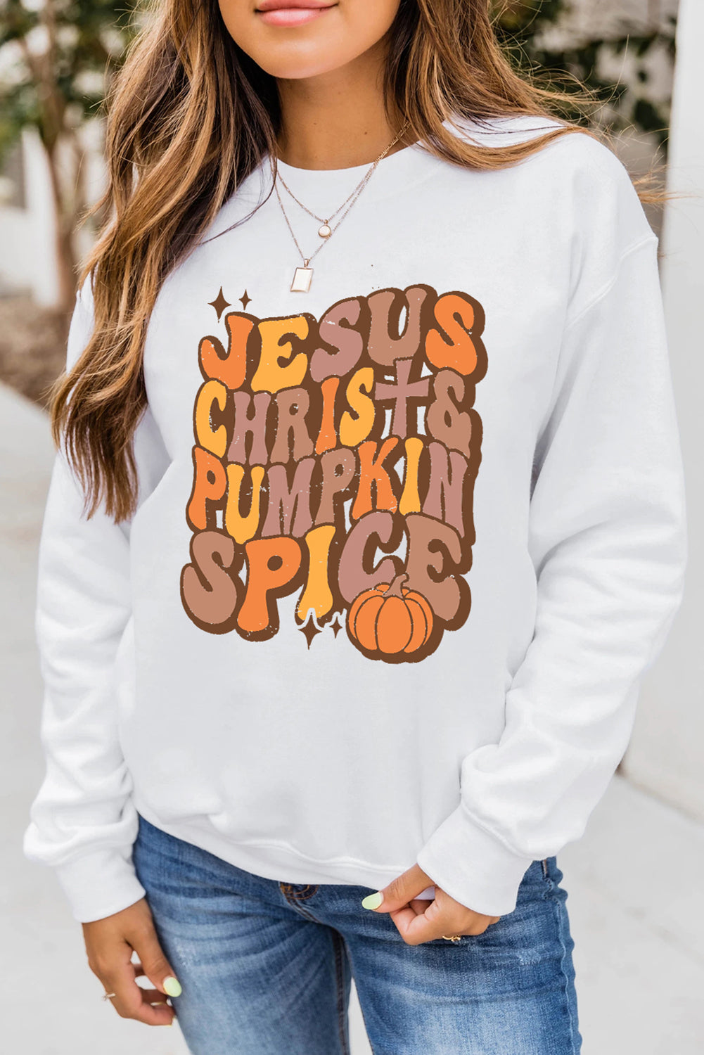 Jesus Chrish & Pumpkin Spice Graphic Drop Shoulder Sweatshirt | Beige