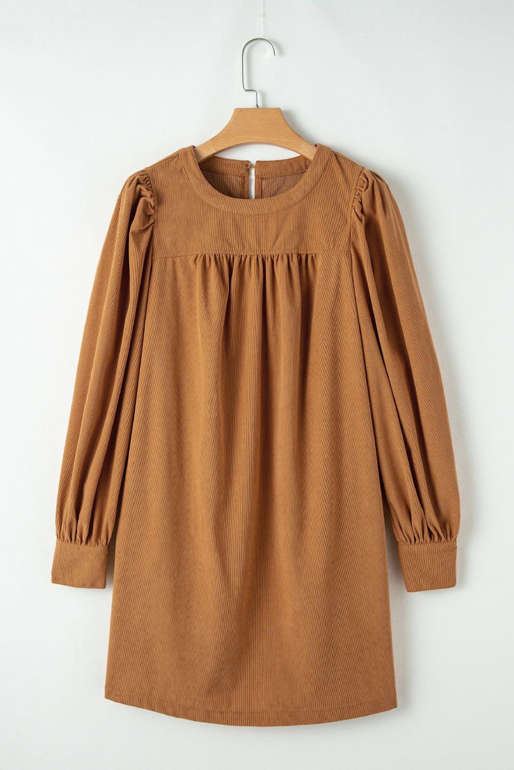 Corduroy Pleated Puff Sleeve Shift Short Dress | Desert Gold