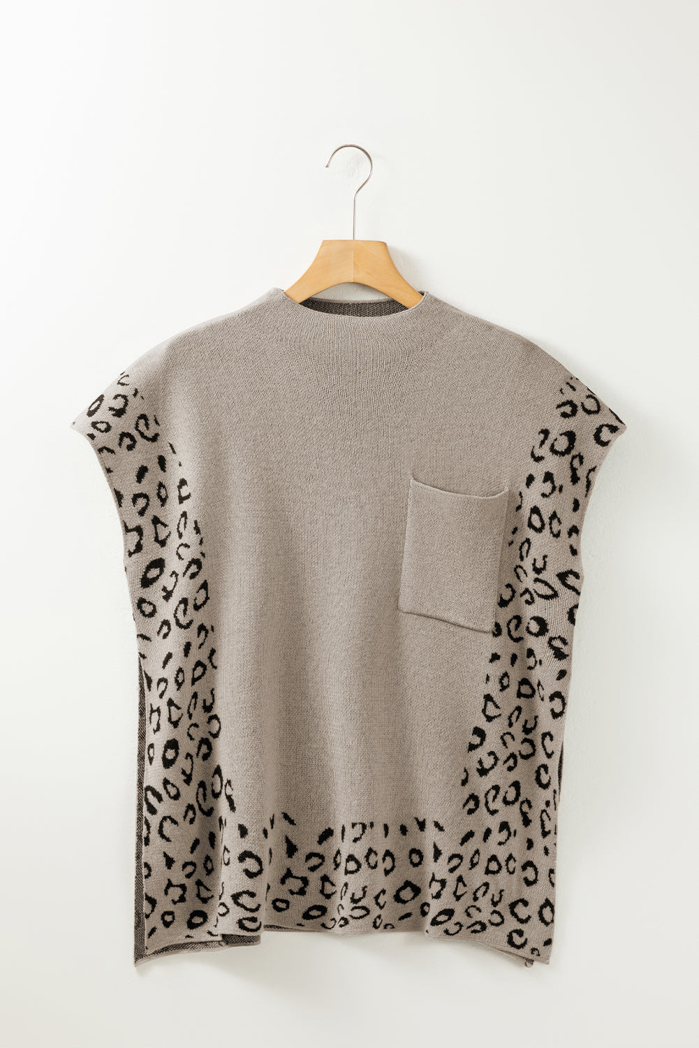 Leopard Trim High Neck Short Sleeve Loose Sweater | Smoke Gray