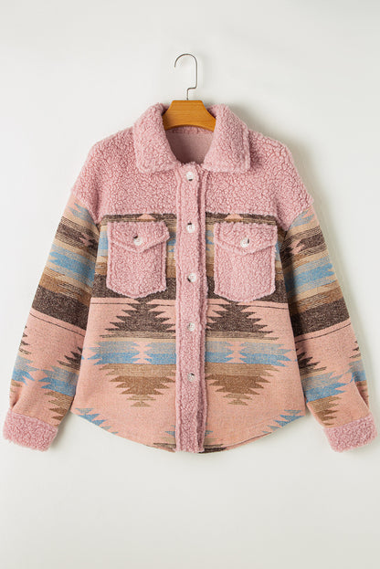 Western Aztec Print Sherpa Splicing Buttoned Flap Pocket Coat | Pink