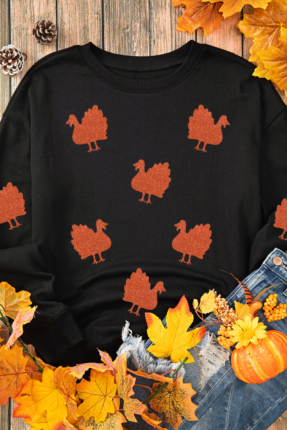 Glittering Turkey Graphic Drop Shoulder Thanksgiving Sweatshirt | Black