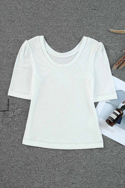 Round Neck Half Sleeve Ribbed Knit Top | White