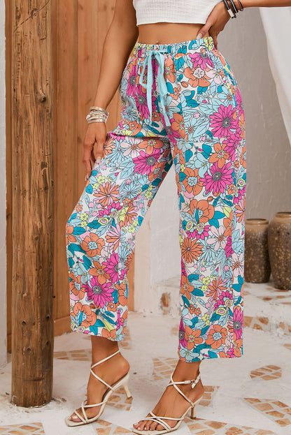 Flower Print Pocketed Drawstring Waist Wide Leg Pants | Multicolour