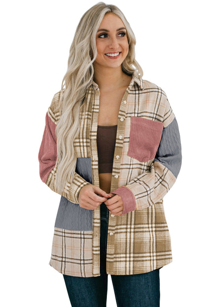 Plaid Colour Block Patchwork Shirt Jacket With Pocket | Pink