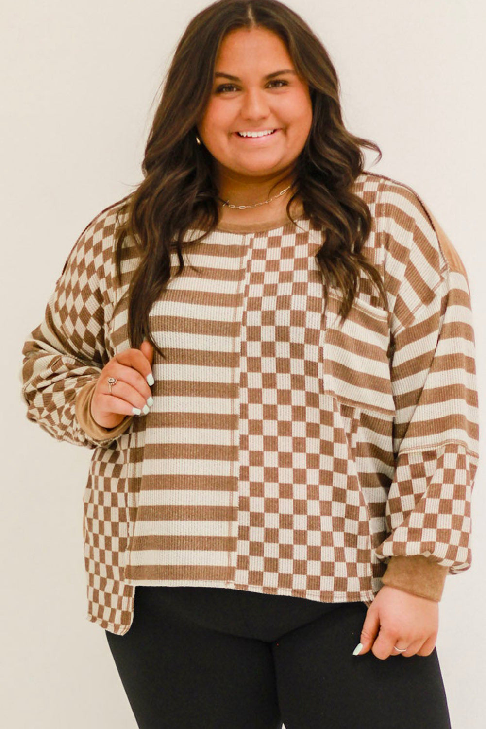 Striped Checkered Mixed Print Chest Pocket Casual Plus Size Top | Khaki