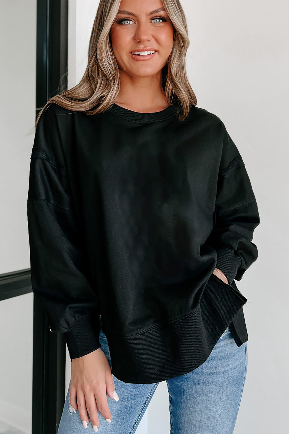 Exposed Seam Drop Shoulder Round Neck Sweatshirt With Slits | Black