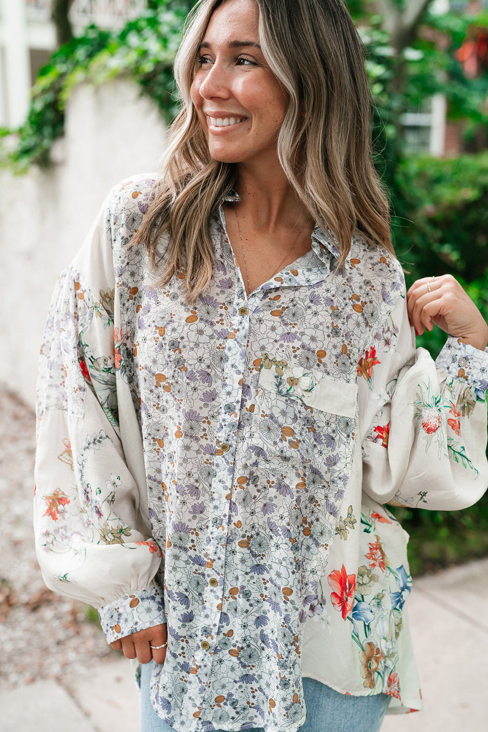 Boho Floral Bishop Sleeve Button Up Loose Shirt | Purple