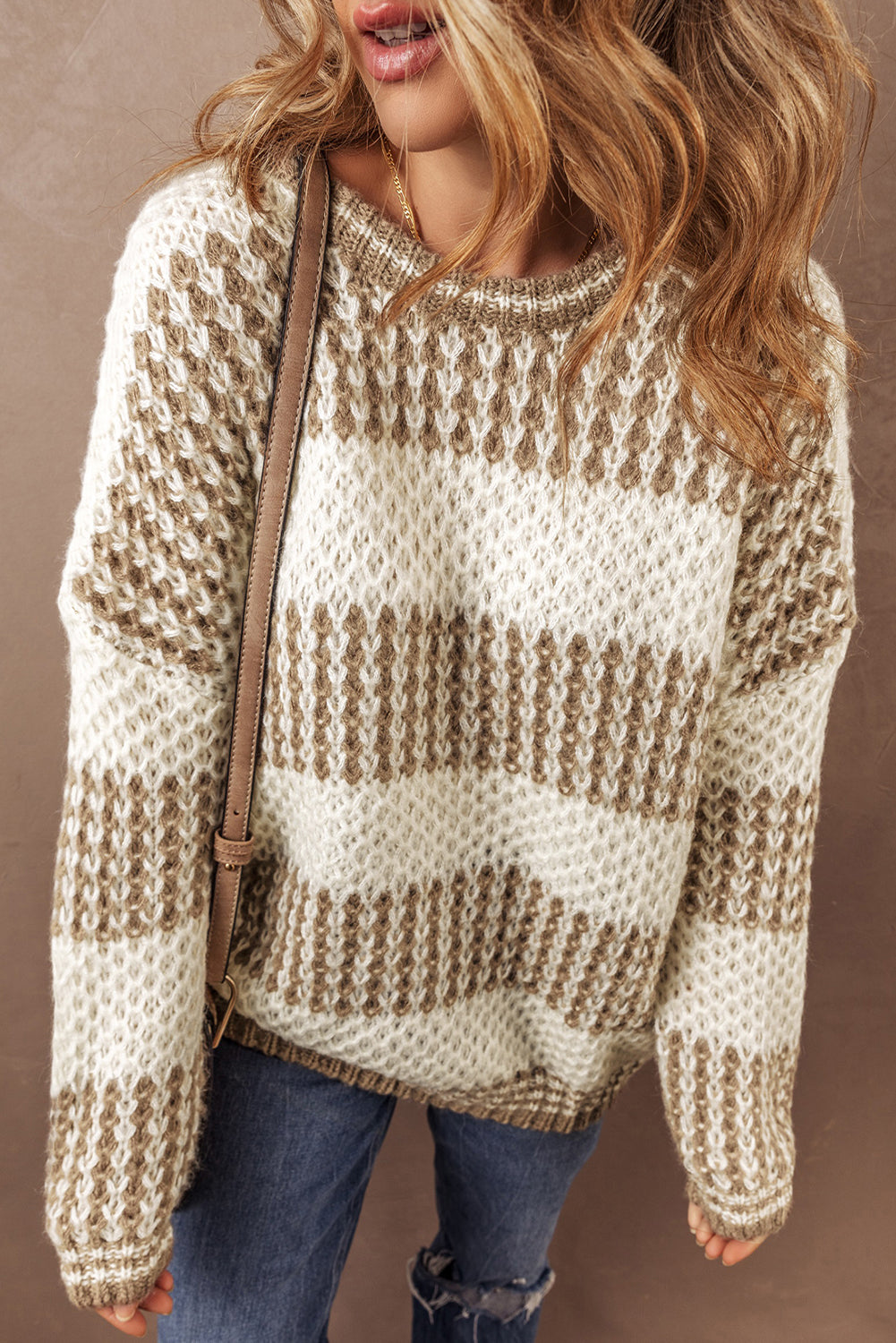 Drop Shoulder Round Neck Loose Sweater | Brown Stripe