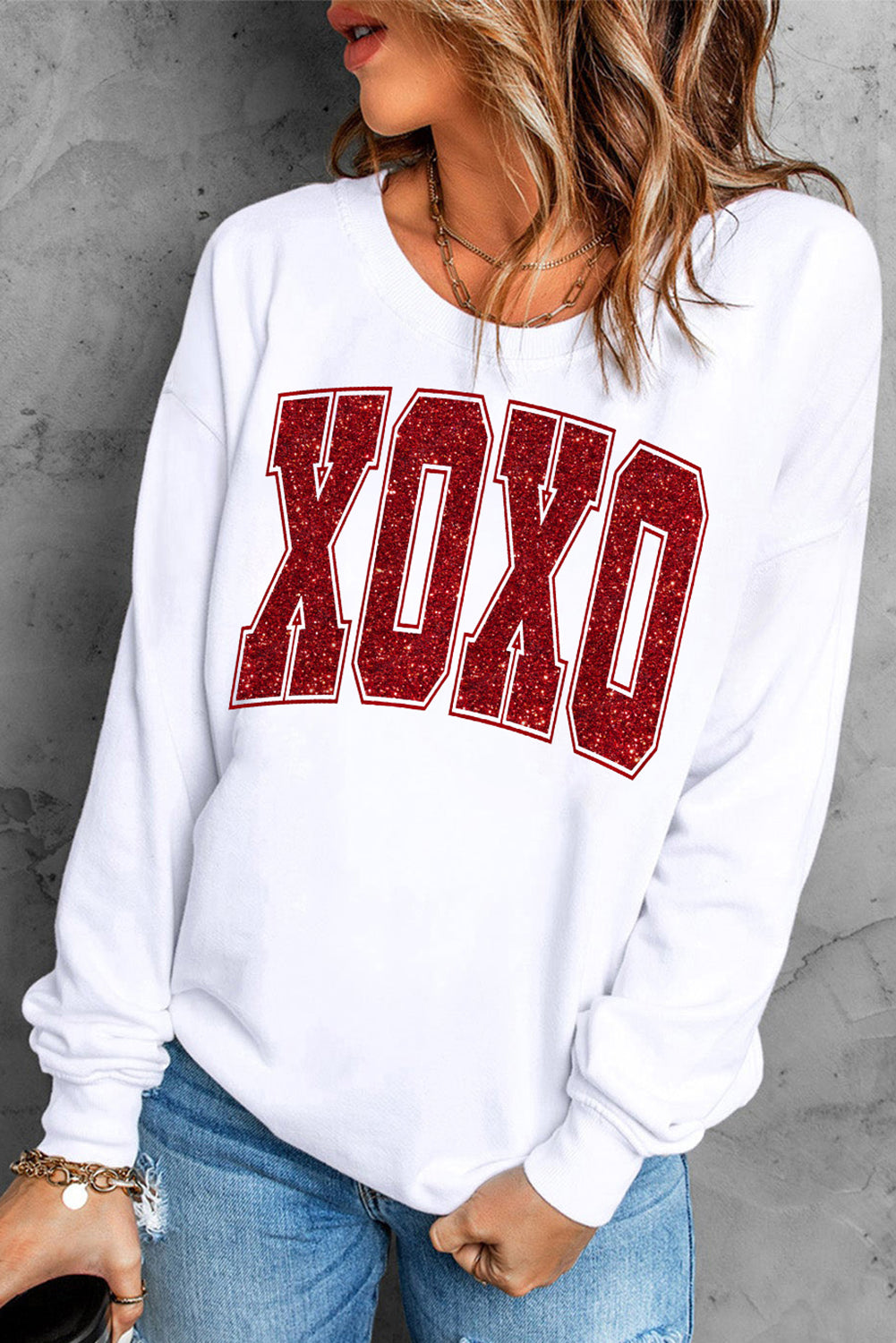 Glitter Xoxo Graphic Crewneck Valentines Pullover Sweatshirt | White