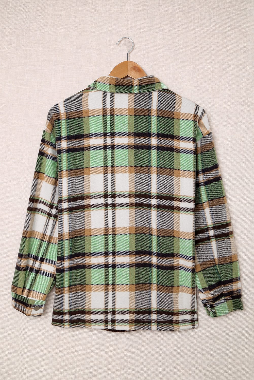 Geometric Plaid Print Pocketed Shacket | Green