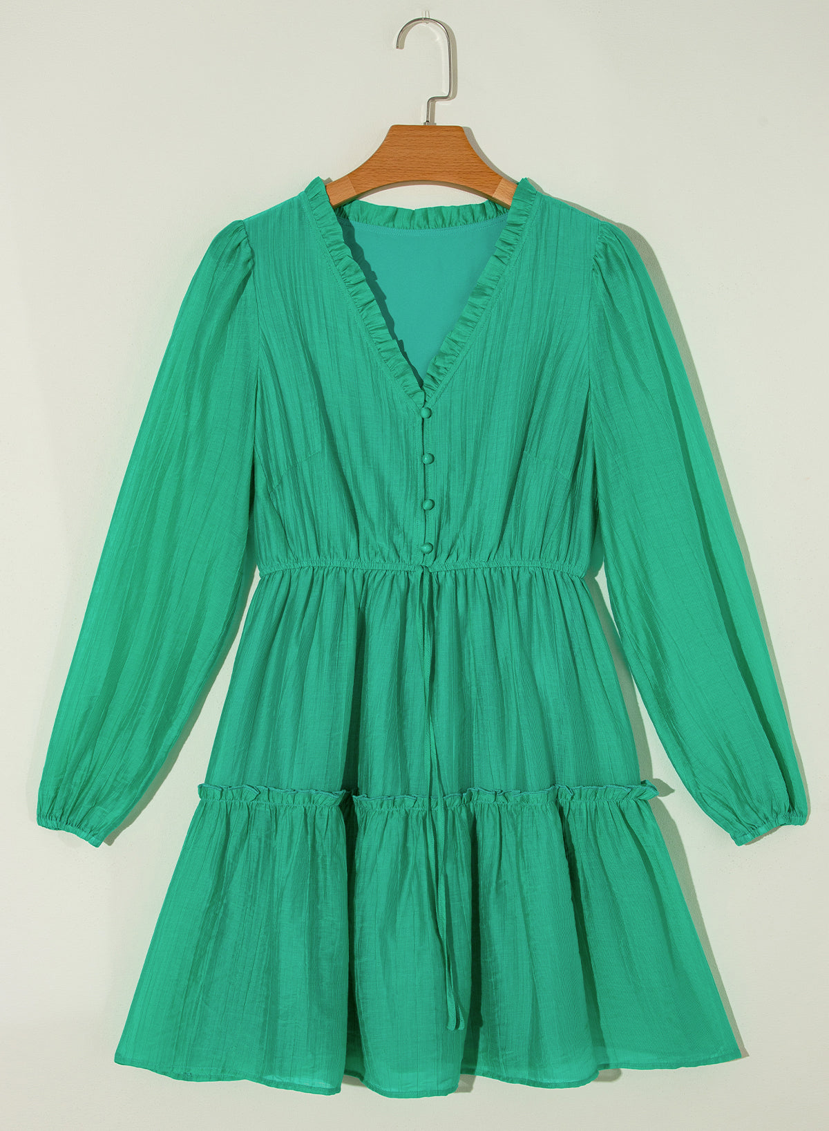 Frilly V Neck Puff Sleeve Drawstring Shift Mini Dress | Sea Green