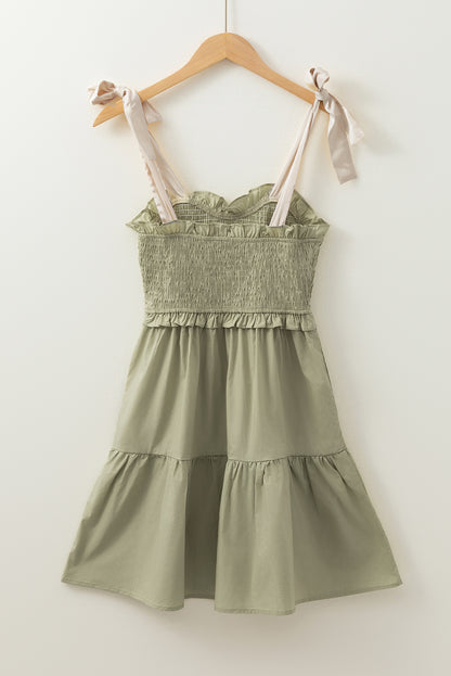 Smocked Bodice Self-Tie Straps A-Line Ruffled Mini Dress | Laurel Green