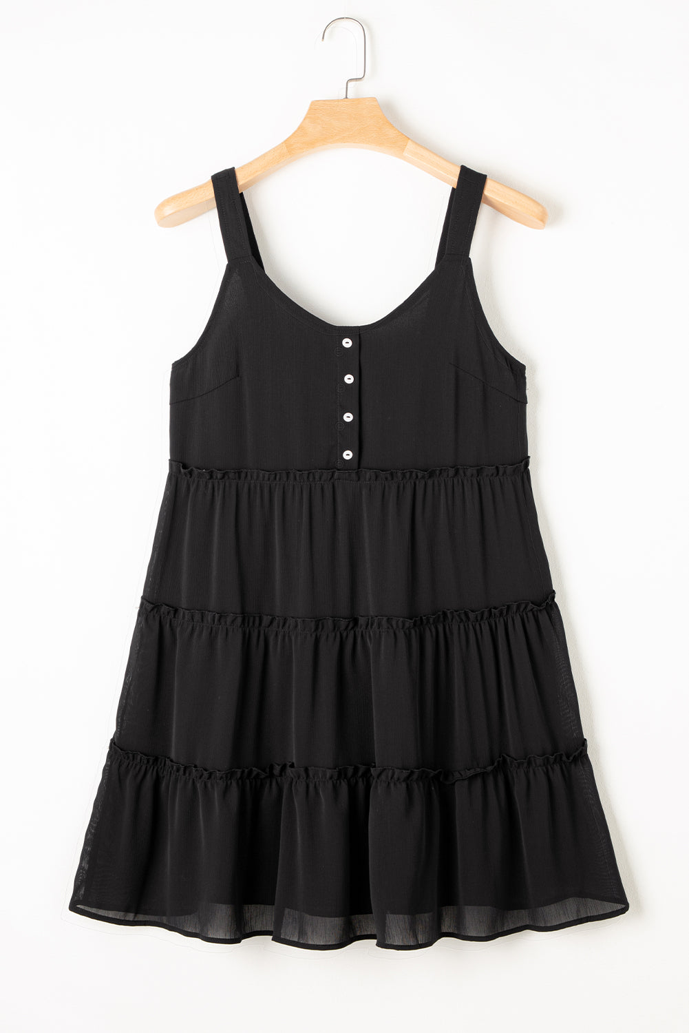 Button V Neck Frilly Tiered Sleeveless Dress | Black