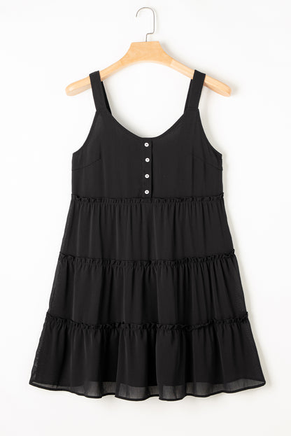 Button V Neck Frilly Tiered Sleeveless Dress | Black