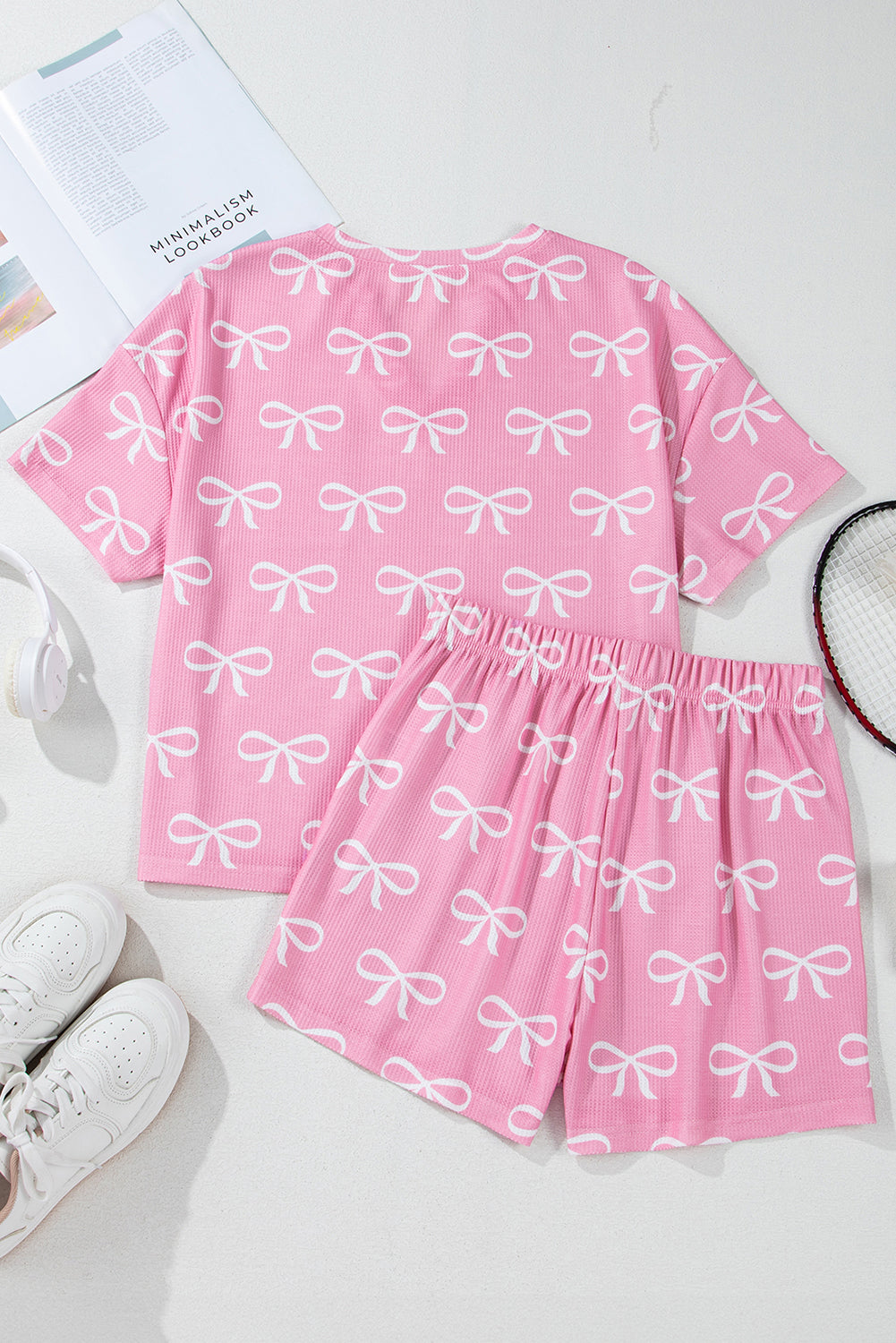 Waffle Knit Bowknot Printed V Neck T Shirt And Shorts Set | Pink