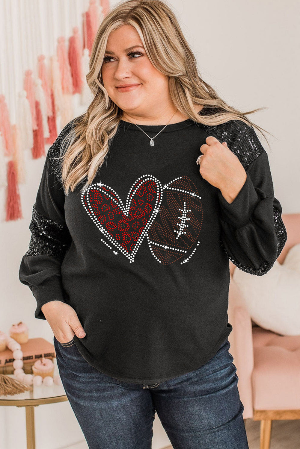 Rhinestone Heart Rugby Football Pattern Sequin Patched Sleeve Plus Size Top | Black