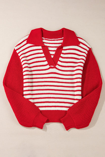 Lantern Sleeve V Neck Collared Drop Shoulder Sweater | Red Stripe