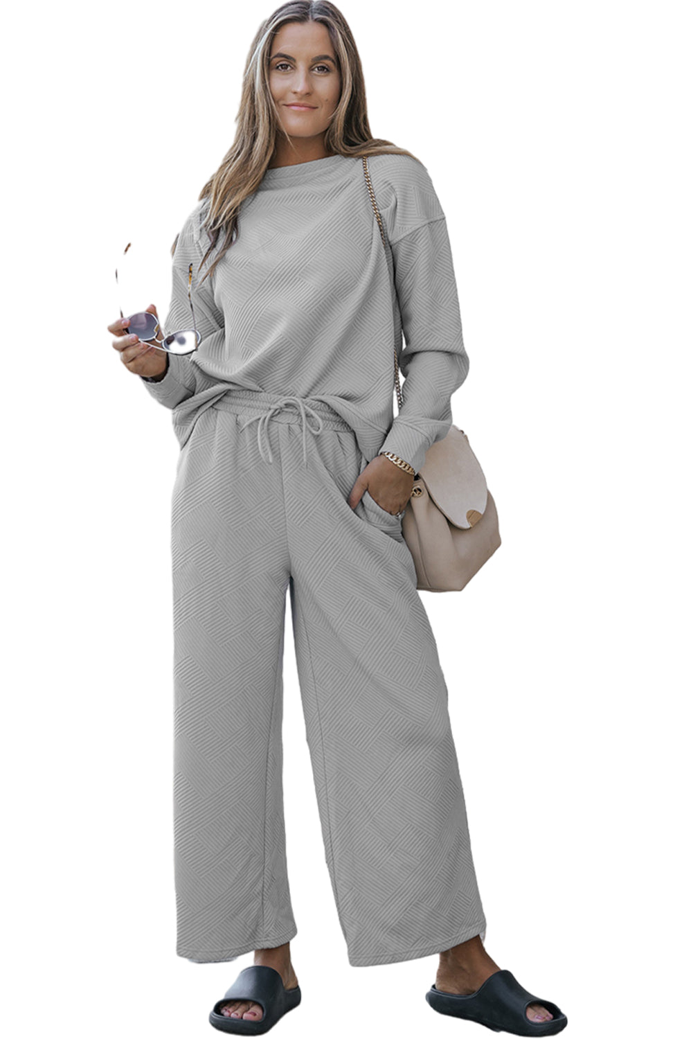 Ultra Loose Textured 2 Piece Slouchy Outfit | Gray