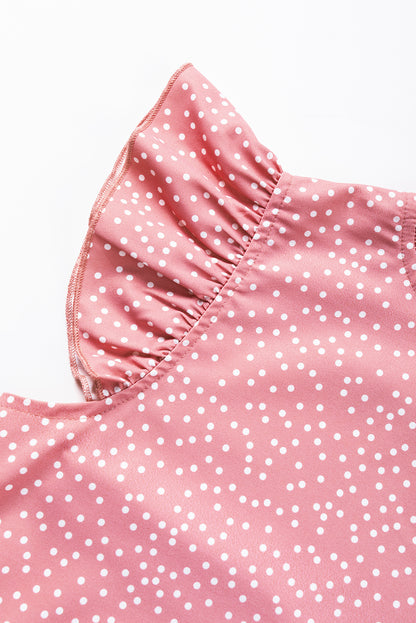 Polka Dots Ruffle Flutter Sleeve Frilled Neck Blouse | Pink