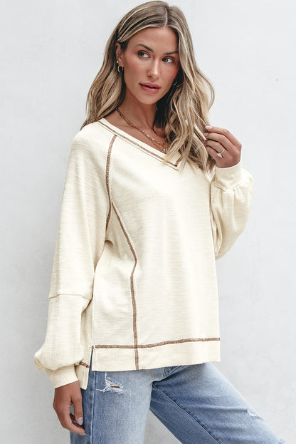 Exposed Seam Textured Knit V Neck Pullover Top | Beige