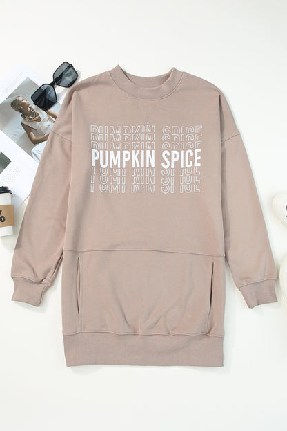 Pumpkin Spice Print Ribbed Trim Sweatshirt Dress | Khaki