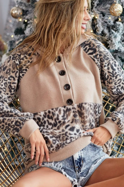 Print Buttoned Neckline Raglan Sleeve Hoodie | Leopard