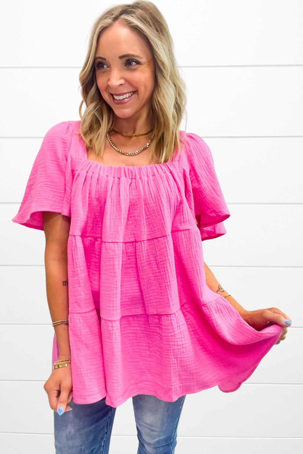 Textured Square Neck Flutter Sleeve Tiered Flowy Blouse | Bright Pink