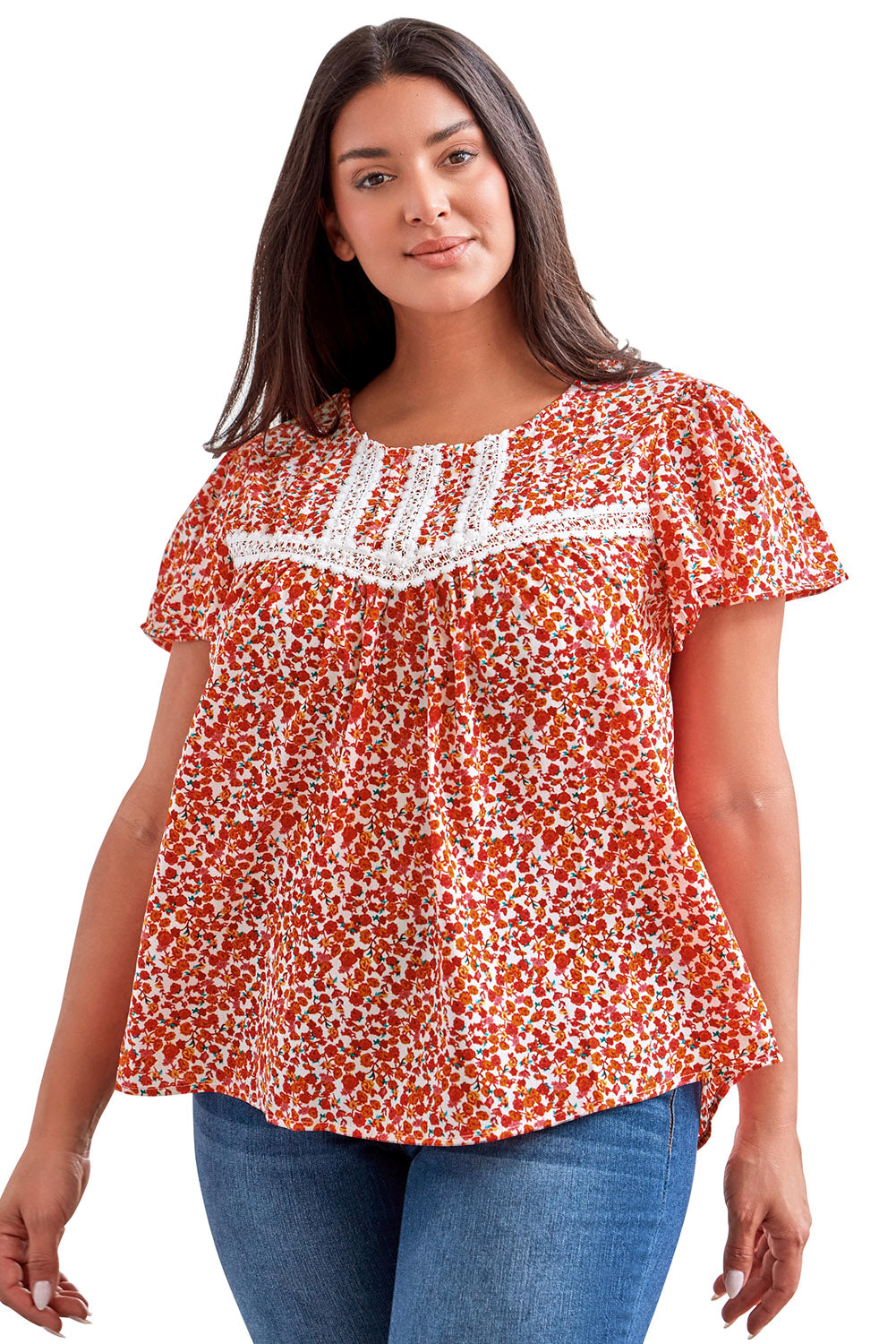 Fiery  Floral Printed Lace Trim Plus Ruffle Sleeve Blouse | Red