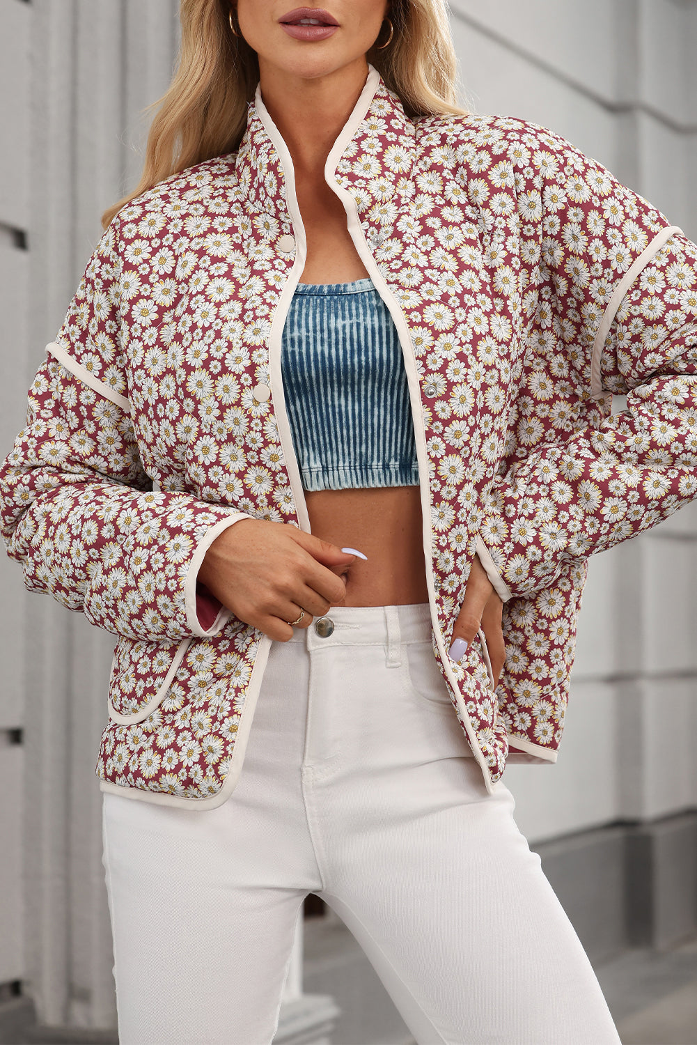 Floral Print Contrast Edge Pocketed Stand Neck Jacket | Pink