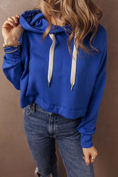 Solid Drop Shoulder Drawstring Cropped Hoodie | Dark Blue