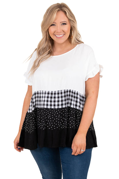 Plaid Dot Ruffled Plus Size Babydoll Top | White