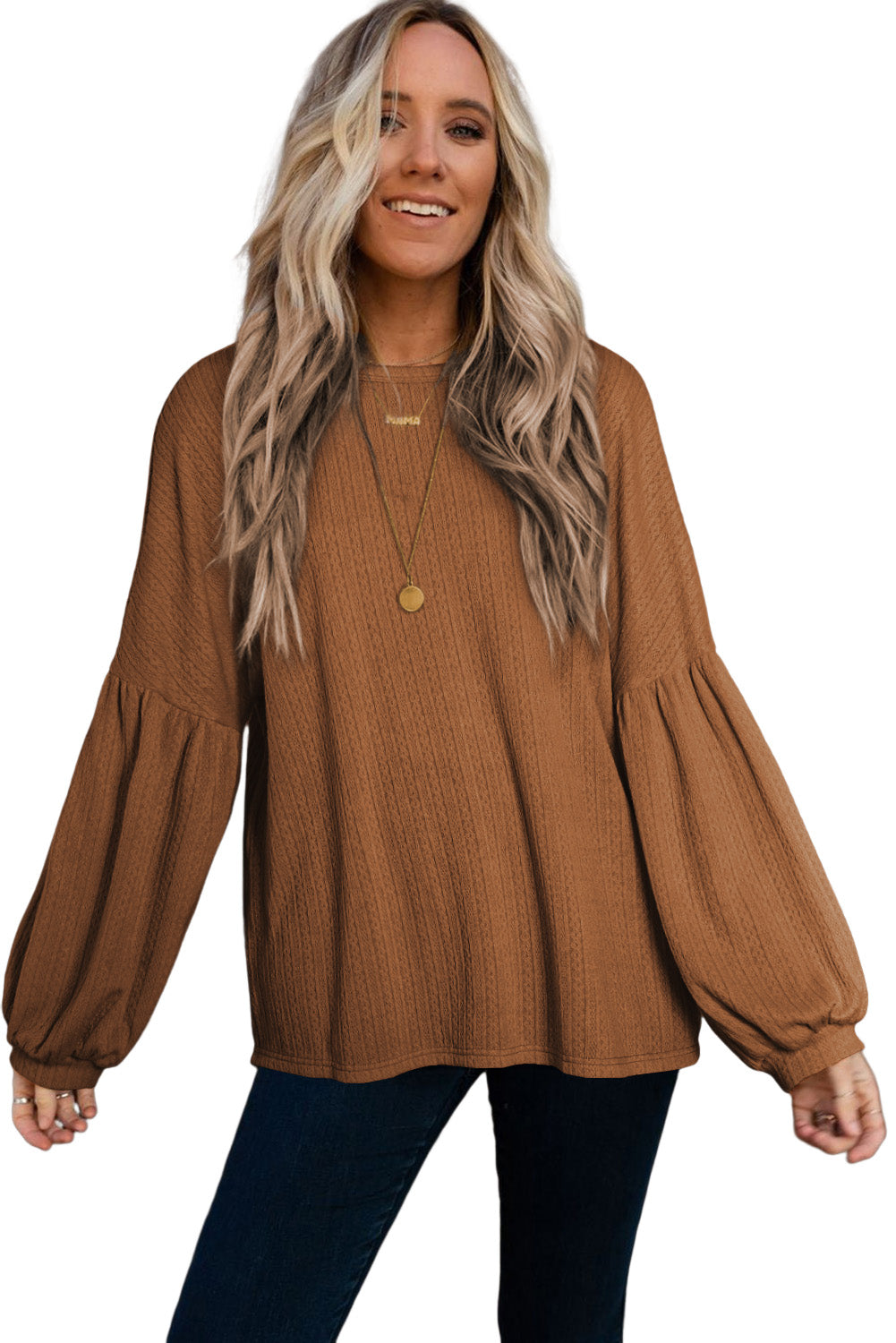 Faux Knit Jacquard Puffy Long Sleeve Top | Orange