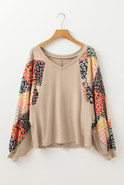 Contrast Printed Raglan Sleeves Patchwork V Neck Loose Top | Parchment