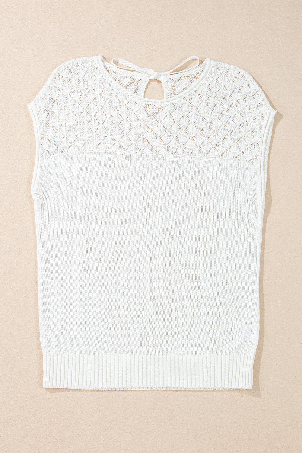 Eyelet Knit Tied Back Short Sleeve Sweater | White