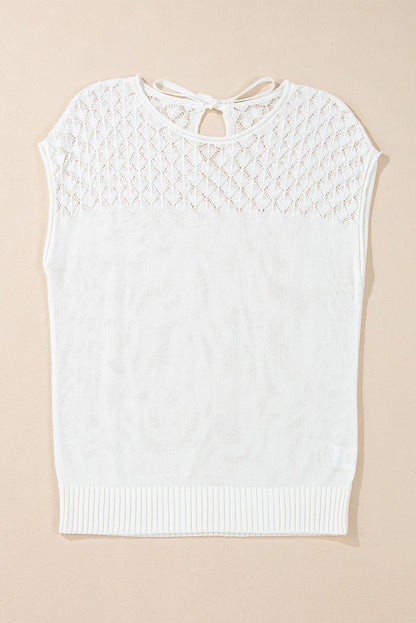 Eyelet Knit Tied Back Short Sleeve Sweater | White