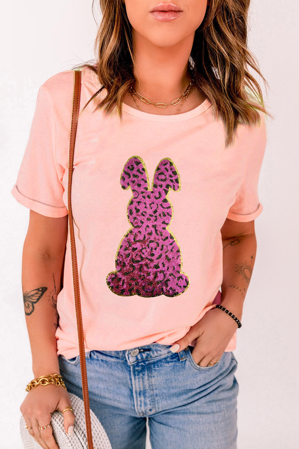 Sequined Leopard Bunny Easter Graphic Tee | Pink