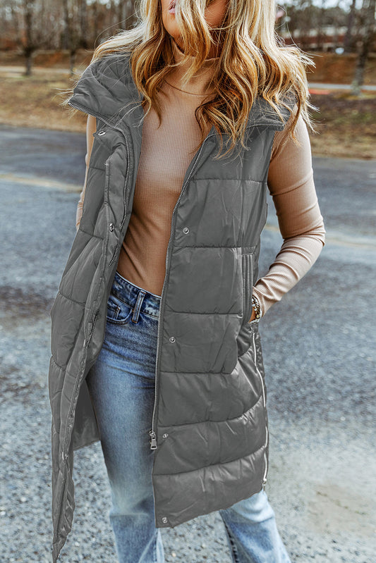 Hooded Long Quilted Vest Coat | Dark Grey