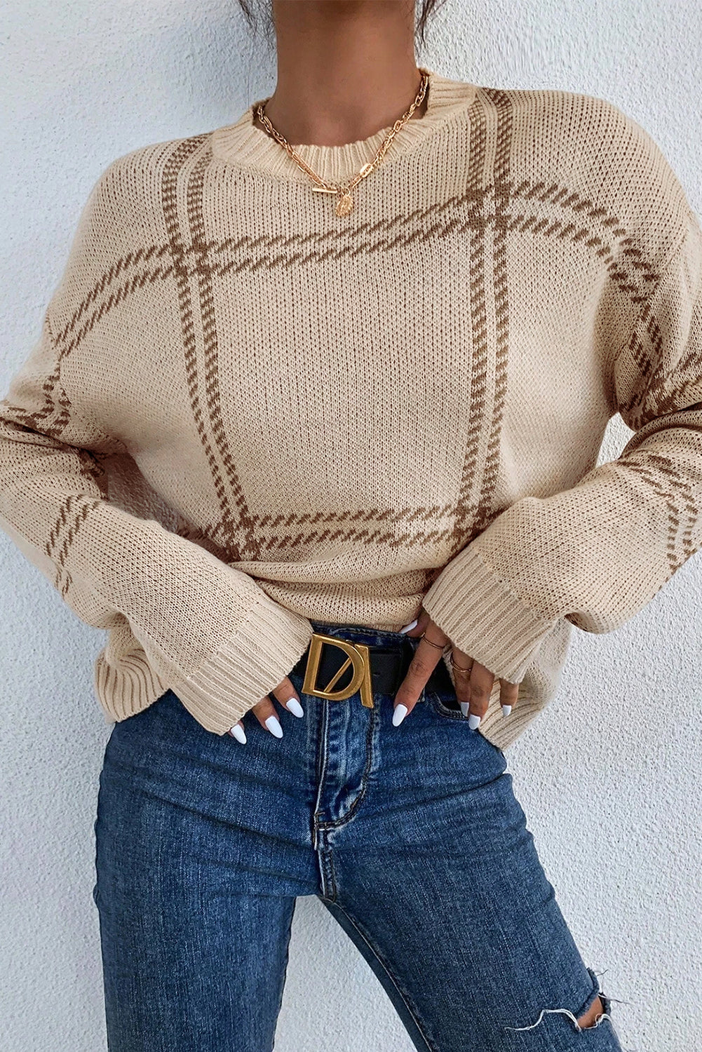 Plaid Pattern Knitted Drop Shoulder Sweater | Khaki