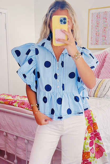 Polka Dot Print Ruffled Short Sleeve Buttoned Collared Blouse | Sky Blue