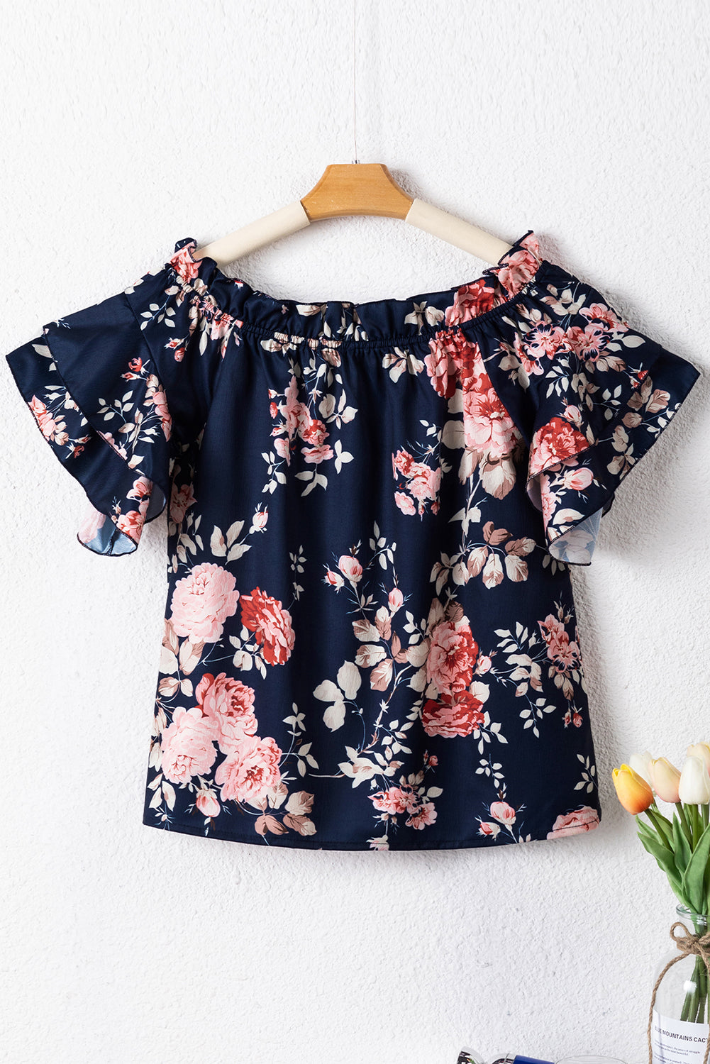 Ruffle Off Shoulder Flounce Sleeve Floral Blouse | Blue