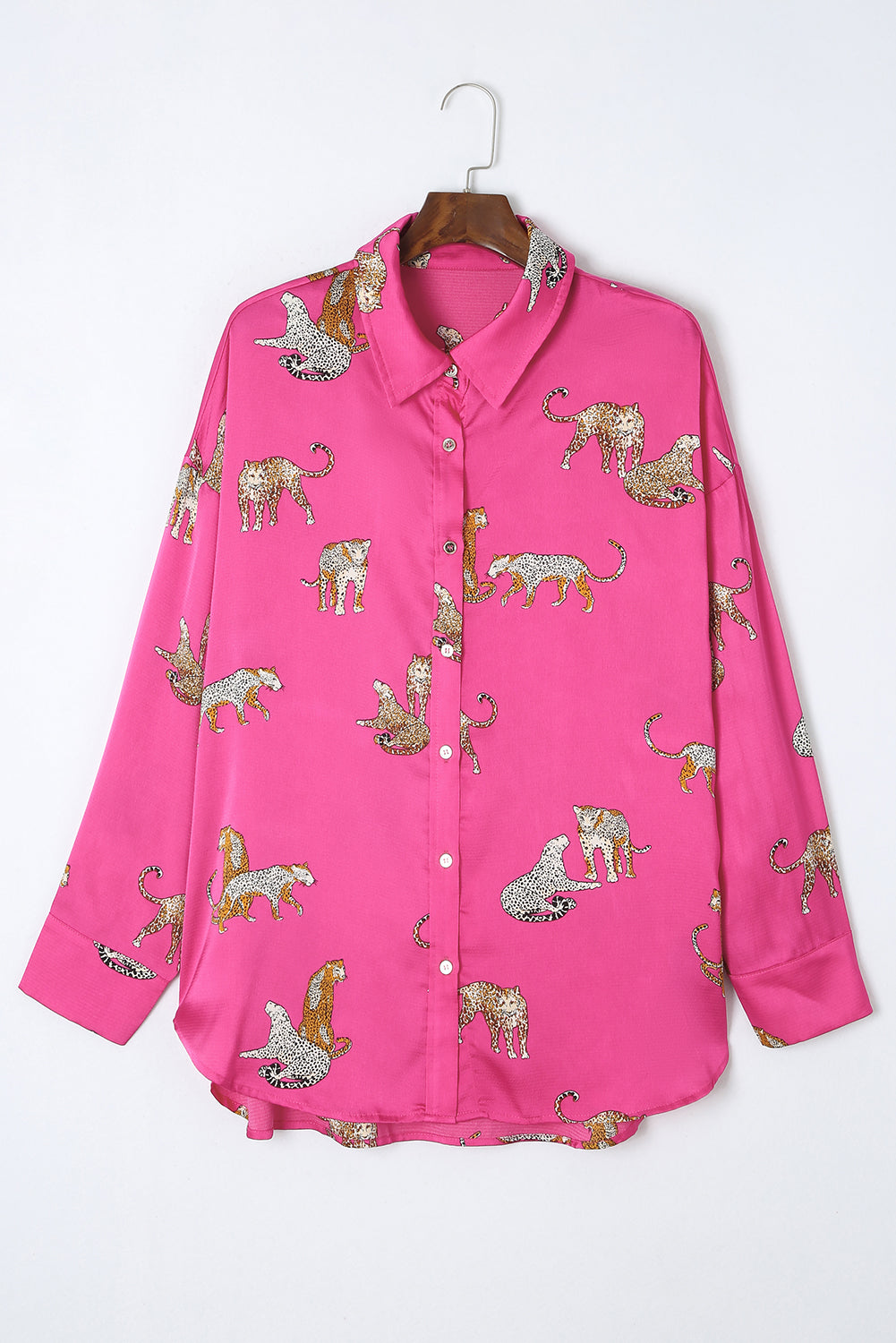 Rose Cheetah Animal Print Button Up Satin Shirt | Rose Red